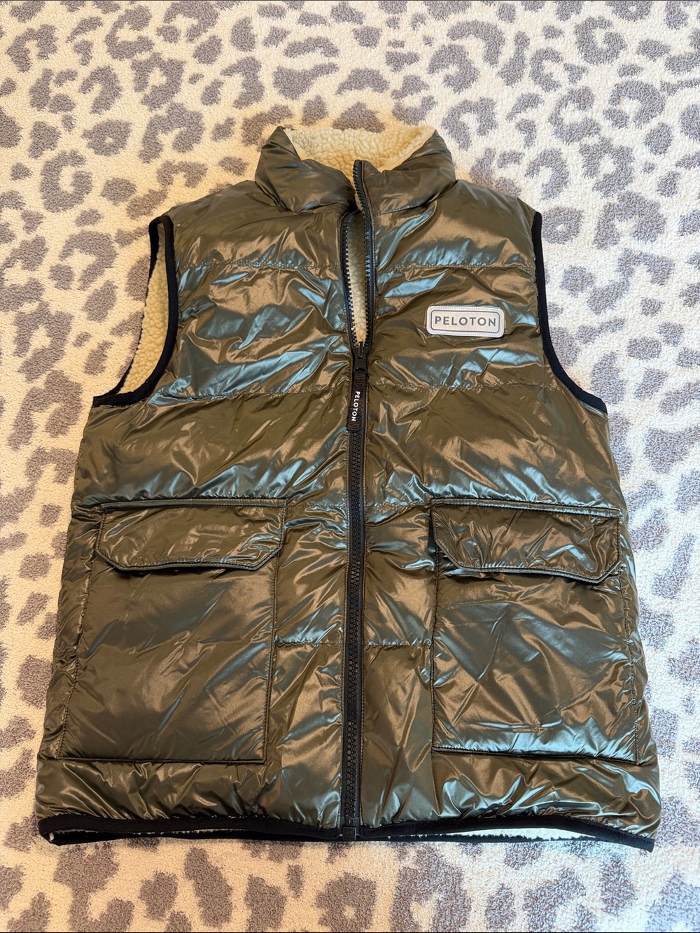 Peloton Olive Green Reversible Quilted Puffer Vest with Sherpa Collar